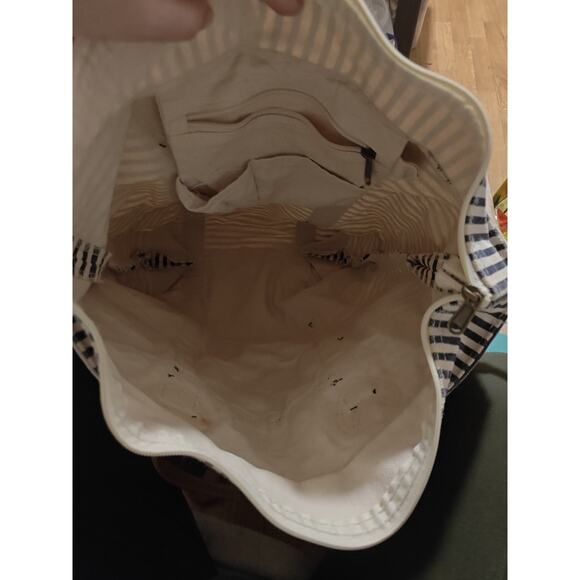 CB Station Canvas Flight Travel Bag Navy Blue Stripes Leather Handles Nautical - Picture 4 of 7